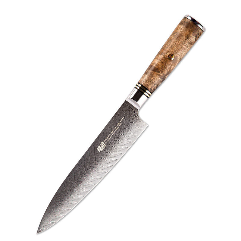Couteau de chef en acier damas AUS10 avec manche en bois veiné, vue de face sur fond blanc