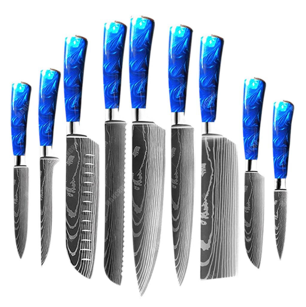Set de Couteaux Damas — Manche Résine Bleu Océan