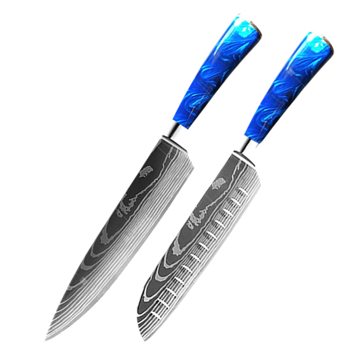 Set de Couteaux Damas — Manche Résine Bleu Océan