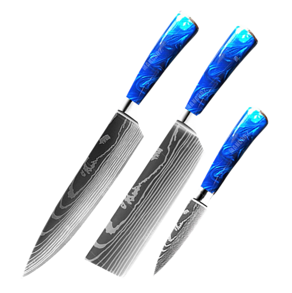 Set de Couteaux Damas — Manche Résine Bleu Océan