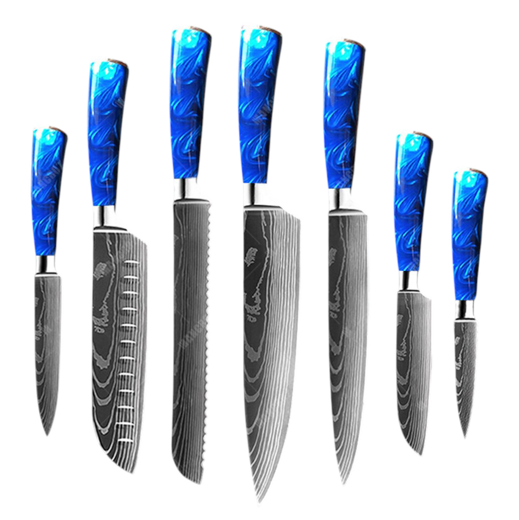 Set de Couteaux Damas — Manche Résine Bleu Océan