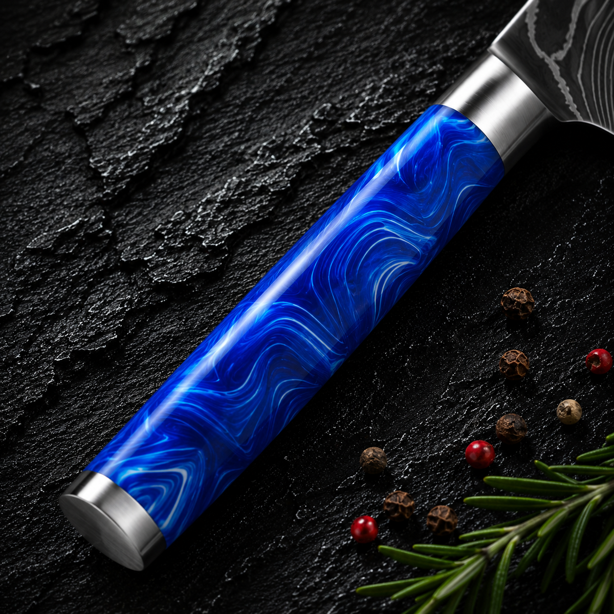 Set de Couteaux Damas — Manche Résine Bleu Océan