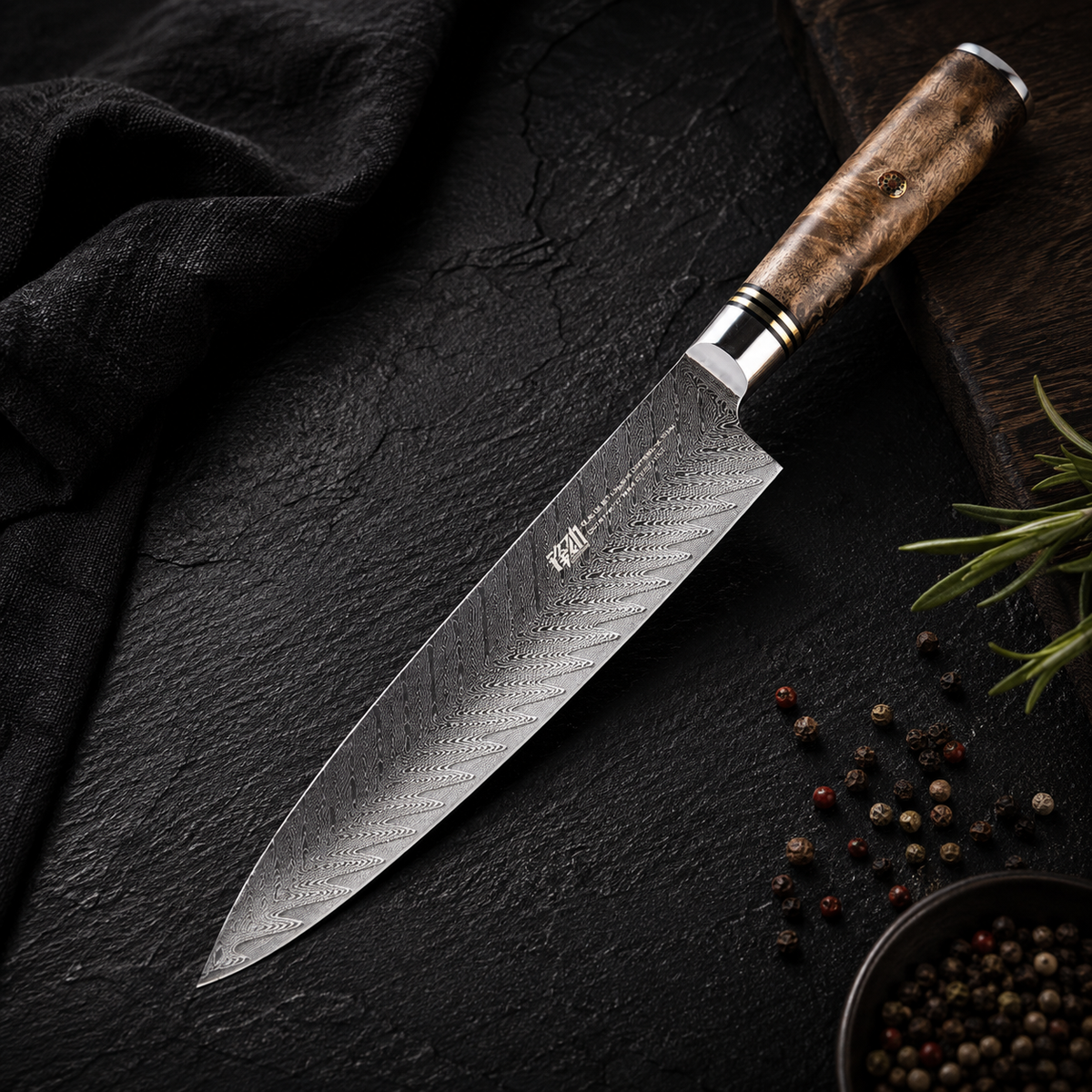 Couteau de Chef Damas AUS10 — Manche Bois Veiné