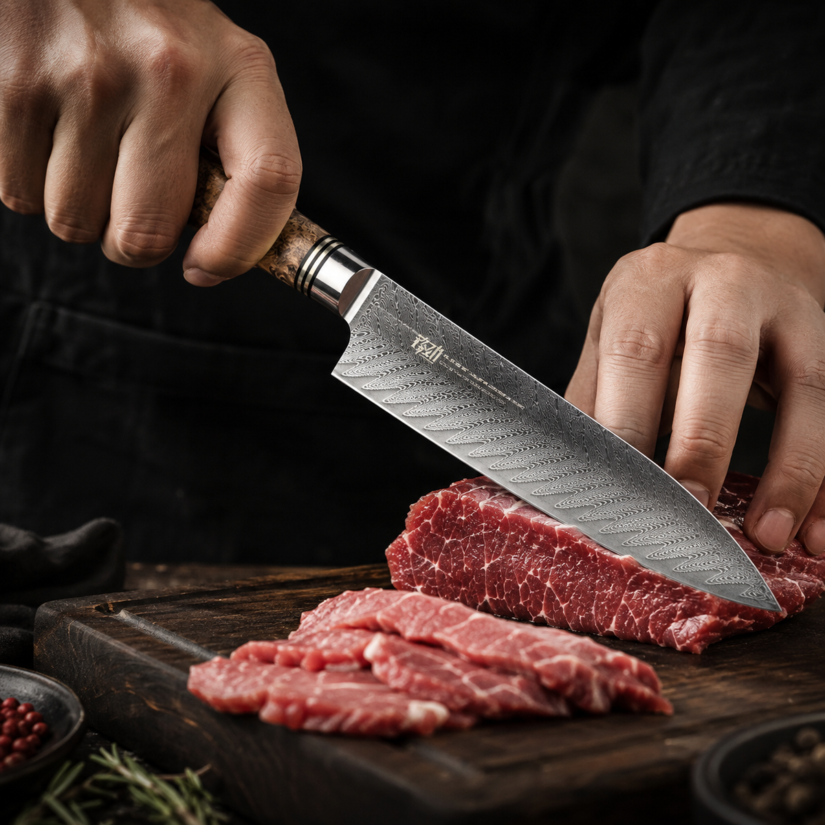 Couteau de Chef Damas AUS10 — Manche Bois Veiné