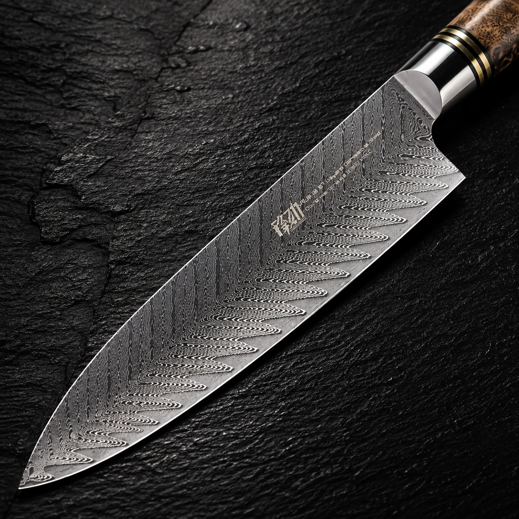 Couteau de Chef Damas AUS10 — Manche Bois Veiné
